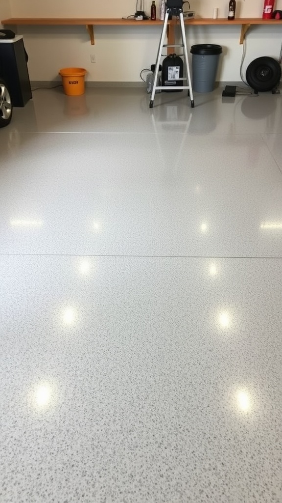 A garage with a high-gloss clear epoxy floor, showcasing a sleek and stylish design with a car parked inside.