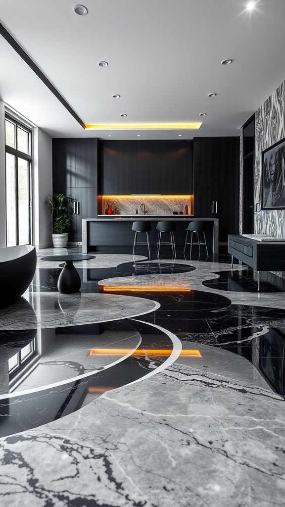 A luxurious modern kitchen featuring high-gloss epoxy flooring with intricate black and white patterns.
