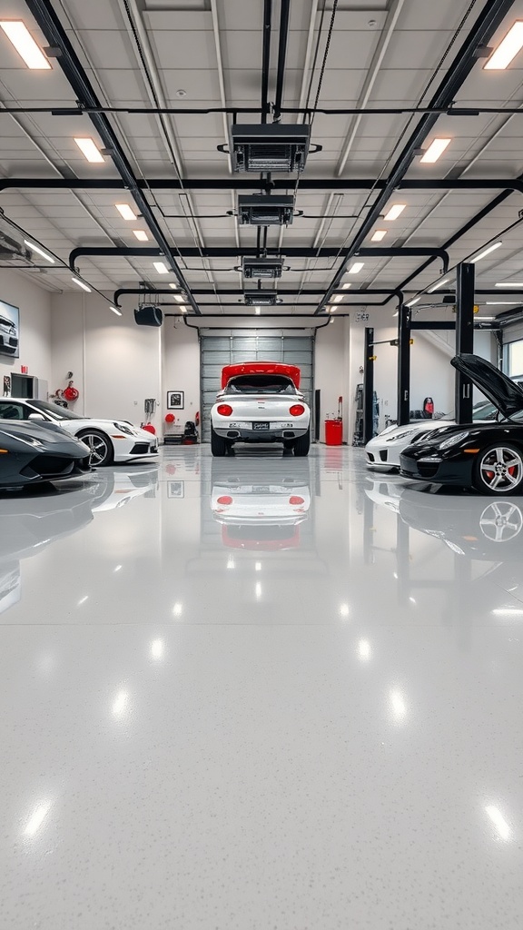 A luxury garage with high-gloss epoxy flooring showcasing parked cars