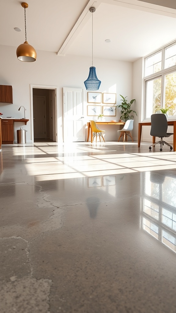 A high-gloss epoxy floor in a modern interior space, showcasing a polished finish.