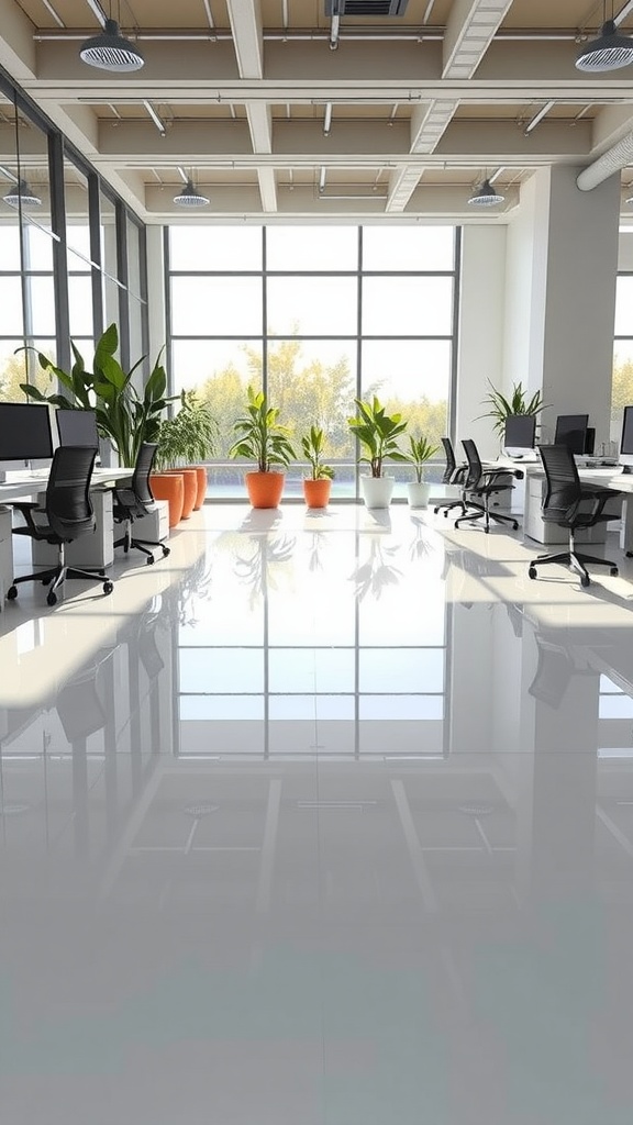 A bright, modern living room with high-gloss epoxy flooring