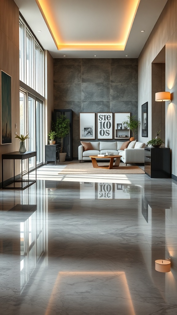 A modern living room featuring polished concrete floors and contemporary furniture, illuminated by natural light.