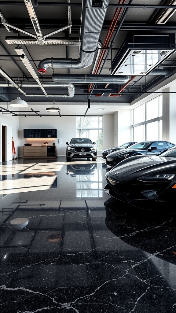 Modern garage with shiny black marble epoxy floor and luxury cars.