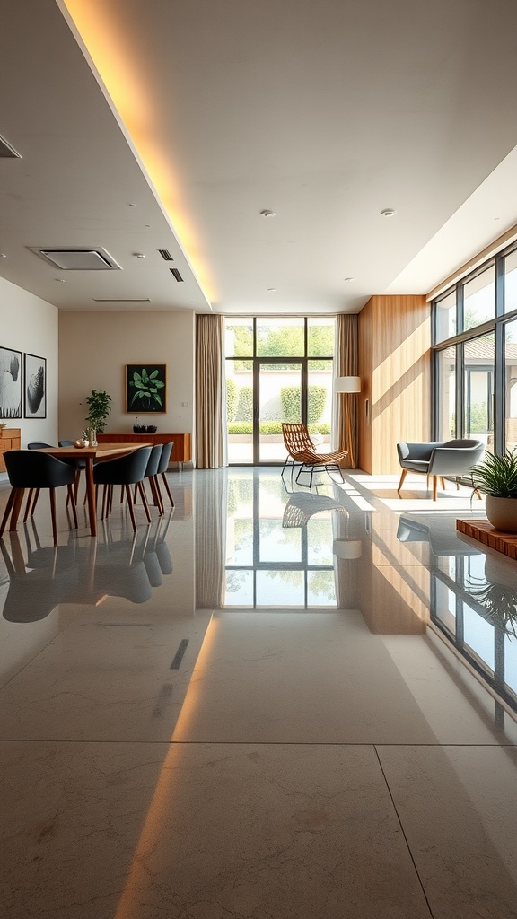 A modern living space featuring high-gloss polished concrete flooring and large windows.