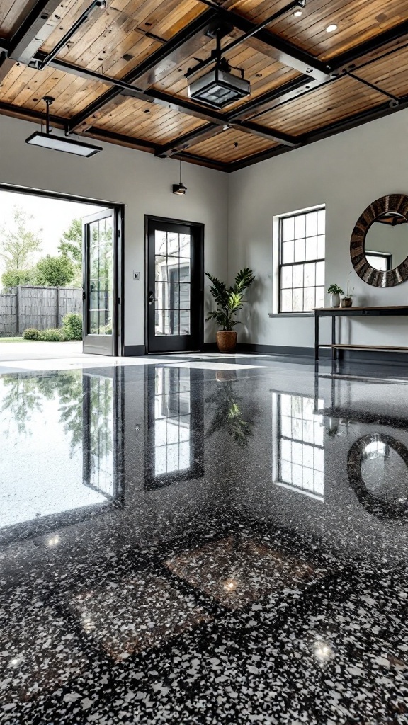 High-gloss epoxy floor in a modern garage with wooden ceiling and large windows