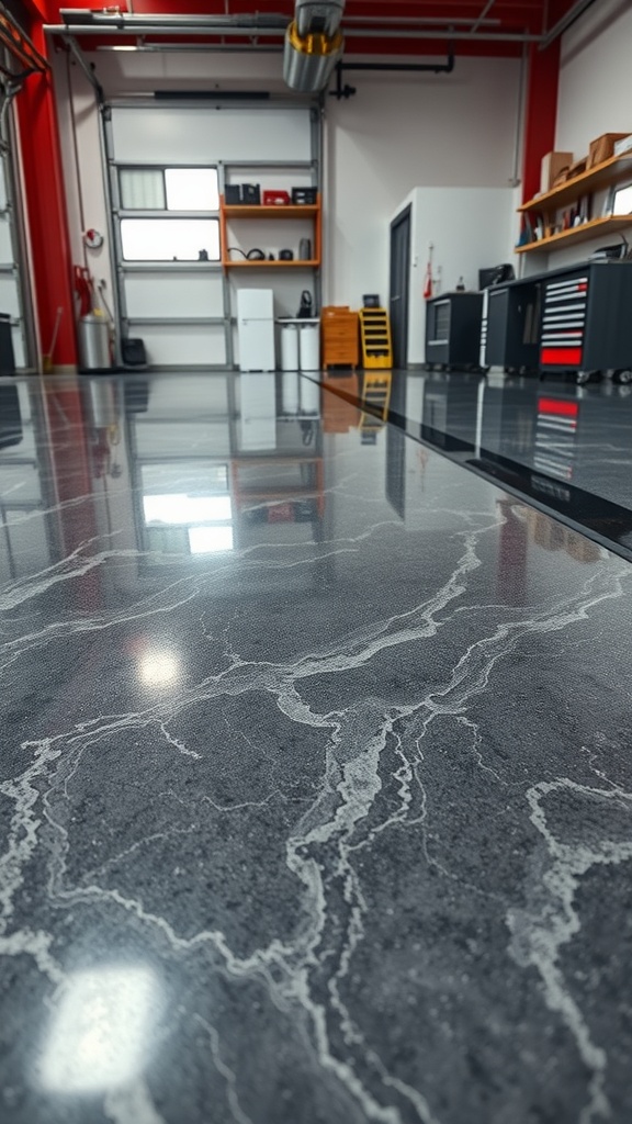 High-gloss marbled epoxy floor in a modern garage setting