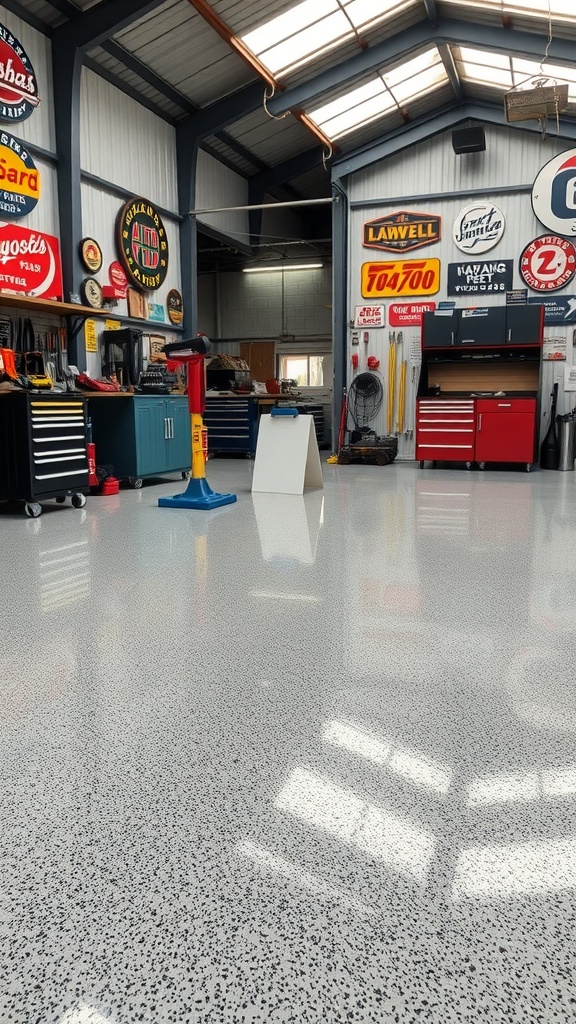 High-gloss epoxy flooring in a workshop with various tools and decor