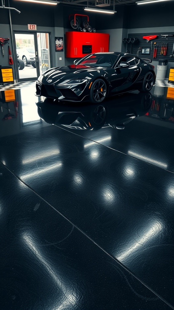 High-gloss black epoxy garage floor with a sleek car parked on it, showcasing a modern garage design.