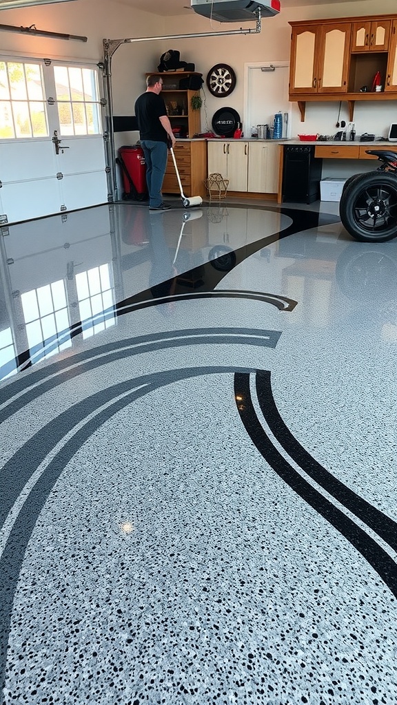 A person applying a high-gloss epoxy finish to a garage floor with sleek designs and a shiny surface.