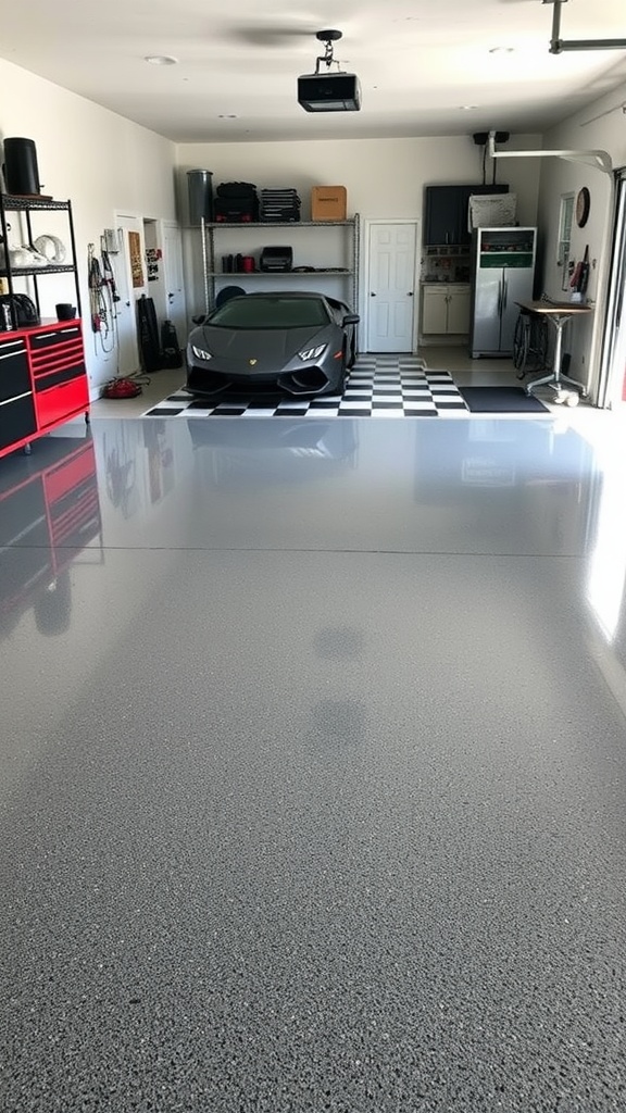 A sleek, high-gloss epoxy garage floor with a luxury car and organized storage.