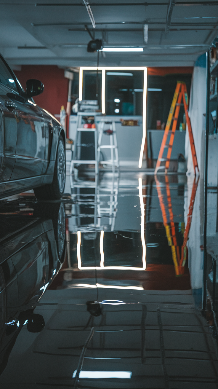 A sleek garage floor with a high-gloss epoxy finish, reflecting light and a car.