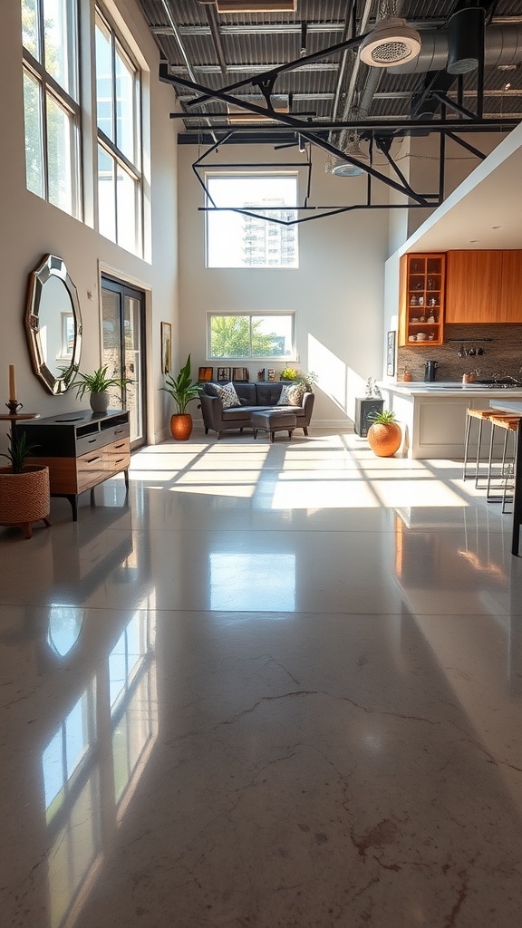High-gloss polished concrete floor in a modern interior space with large windows and stylish furniture.