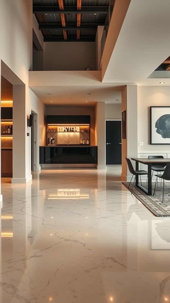 Interior with high-gloss epoxy flooring, showcasing a modern home bar and elegant design.