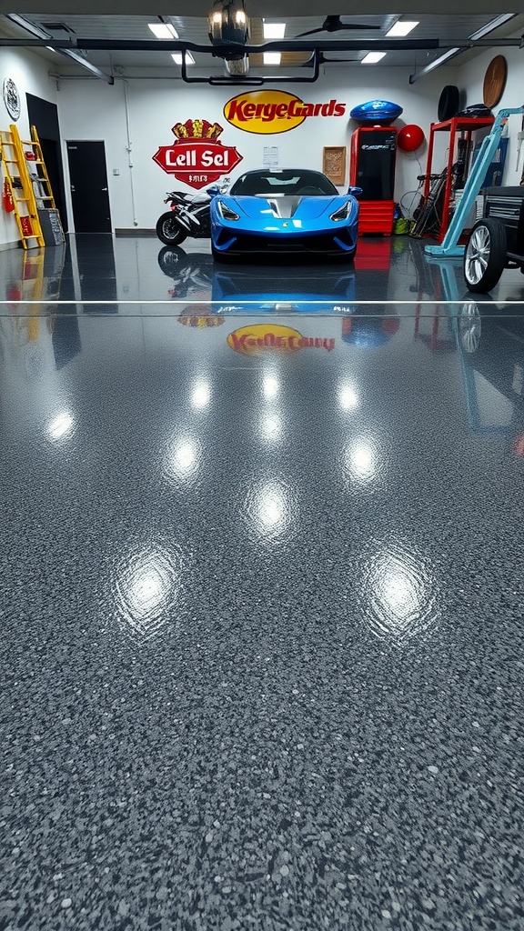 A modern garage with a high-gloss epoxy floor, showcasing a sleek design and a luxurious feel.