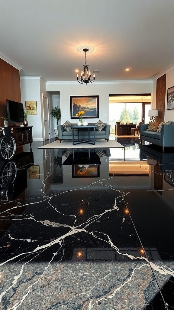 High-gloss black marble epoxy floor in a modern living space with stylish furniture