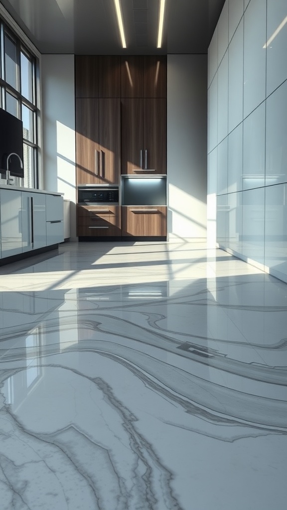 A modern kitchen featuring high-gloss epoxy flooring with light reflections.