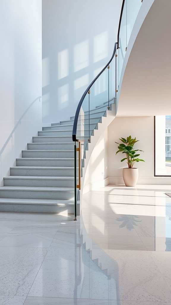 A stylish staircase featuring white and gold marble epoxy resin flooring, complemented by a sleek black wall and glass railing.