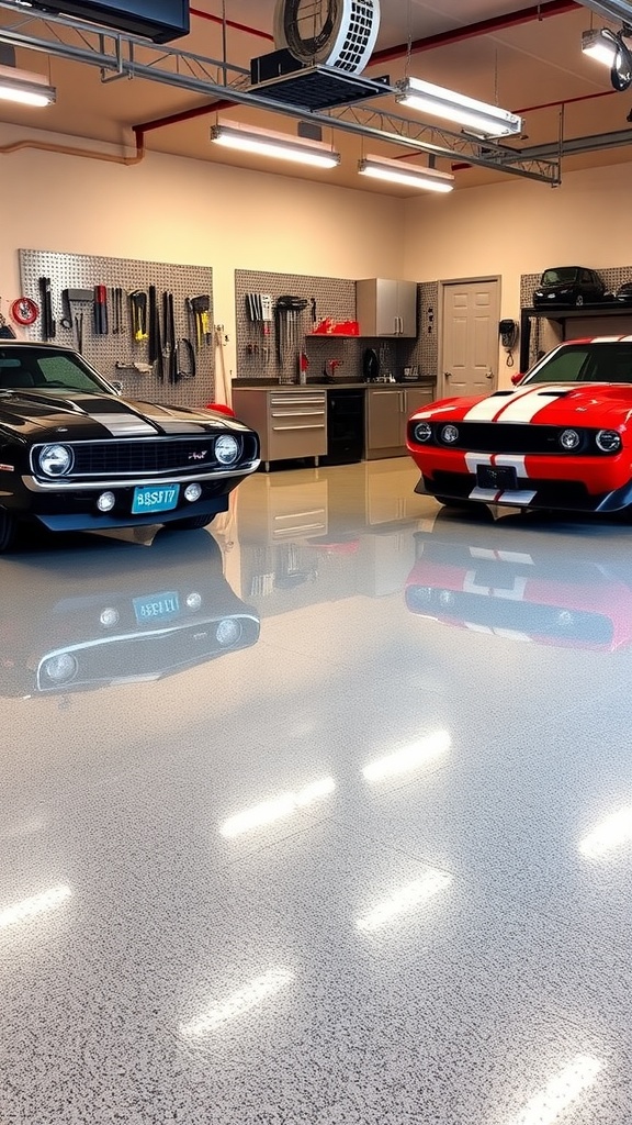 High-gloss metallic epoxy garage floor with shiny reflective surface and modern decor