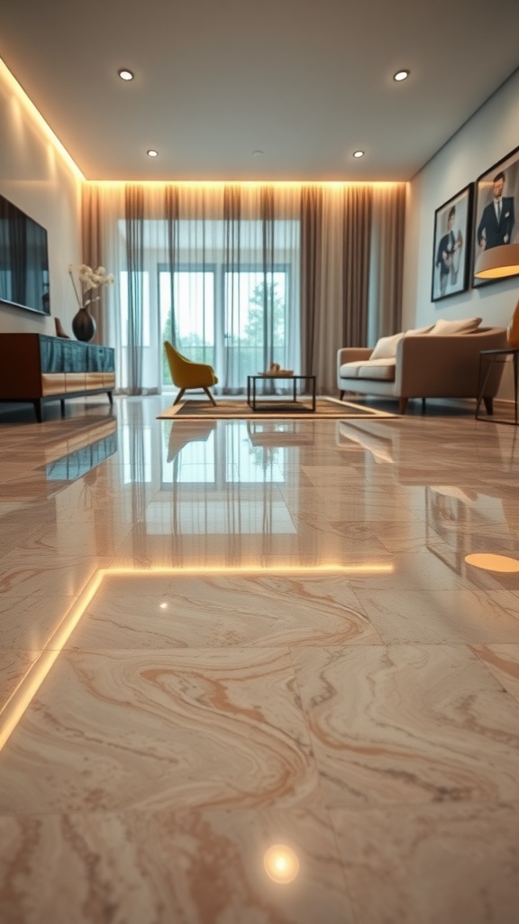 A living room with a high-gloss metallic epoxy floor, reflecting light and creating a modern atmosphere.