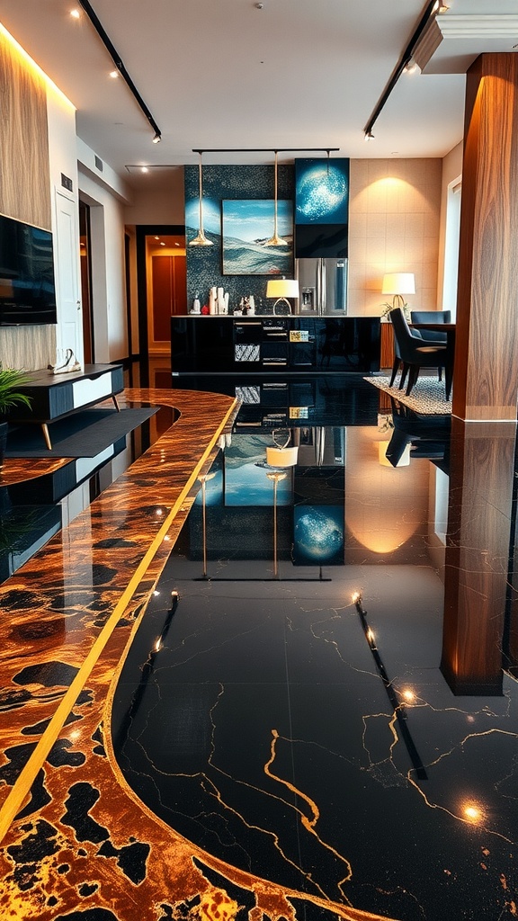 A luxurious kitchen featuring a high-gloss metallic epoxy floor with a black base and gold veining.
