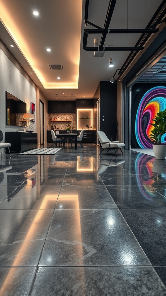 Interior space featuring high-gloss metallic epoxy concrete floor with modern decor