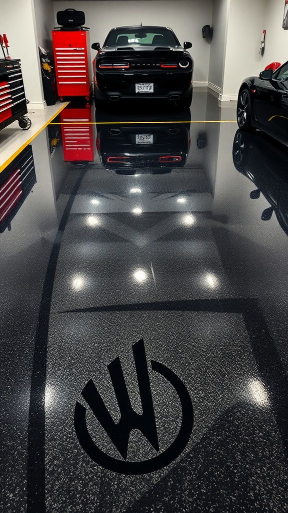 A luxurious high-gloss black epoxy garage floor with a reflection of parked cars