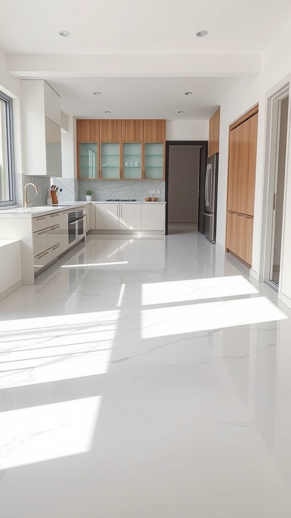 A modern kitchen featuring high-gloss white epoxy flooring that reflects light, creating an elegant and spacious atmosphere.