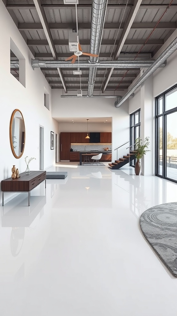 Modern interior featuring high-gloss white epoxy concrete floor with minimalist design elements.