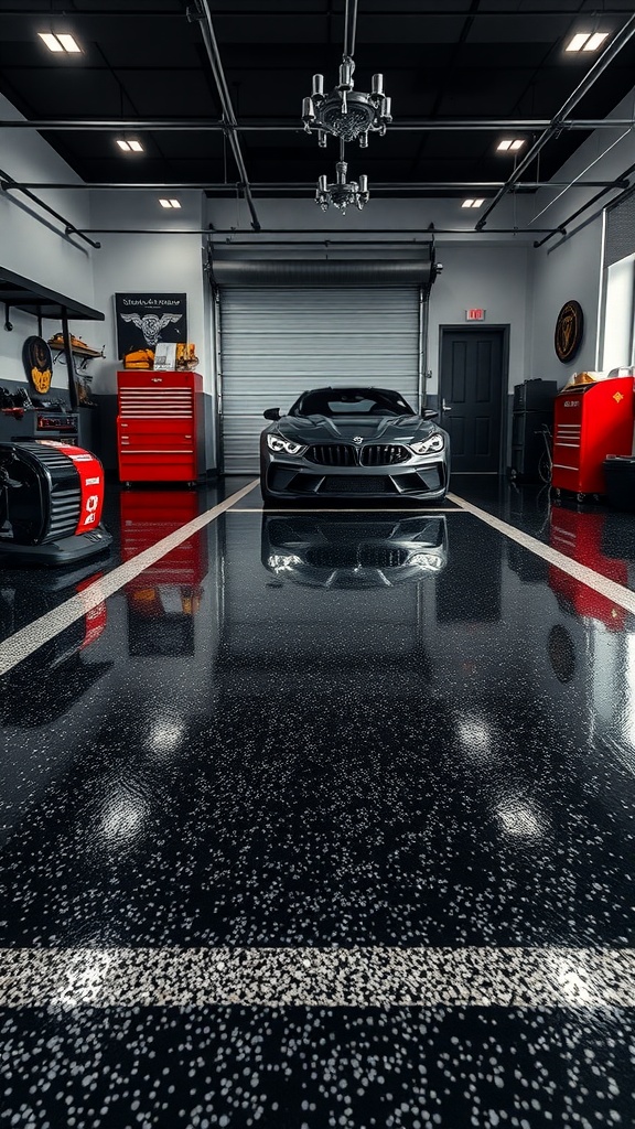 Modern garage with a polished black epoxy floor featuring decorative borders and sparkling silver flakes, showcasing a stylish car.