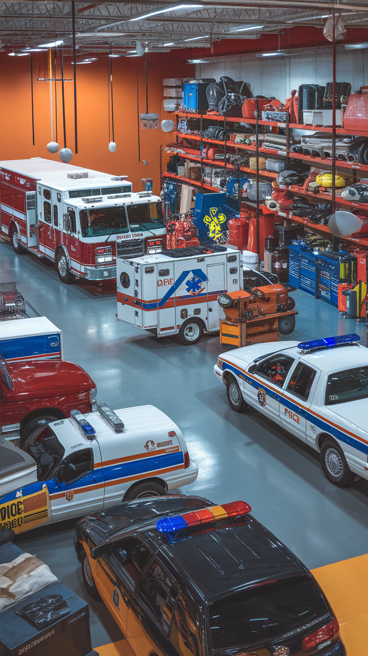 A garage showcasing emergency response vehicles including fire trucks and police cars, highlighting durable flooring.