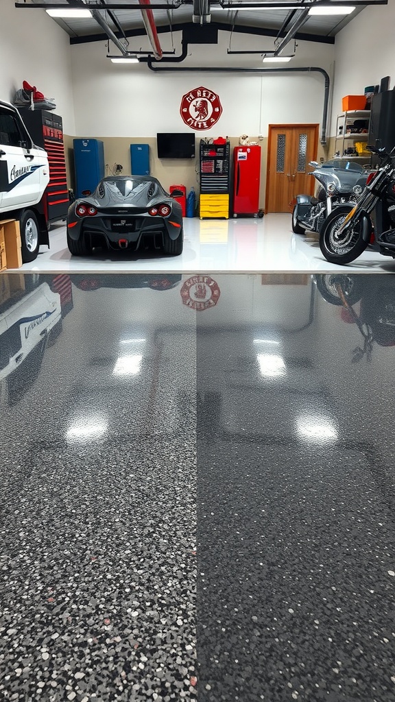 A stylish garage featuring a polished epoxy floor, showcasing two distinct flooring styles.