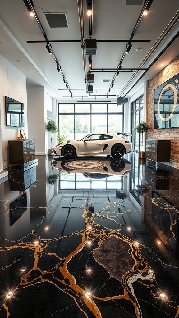 A modern garage with a sleek metallic epoxy floor and a luxury car, reflecting a blend of style and durability.