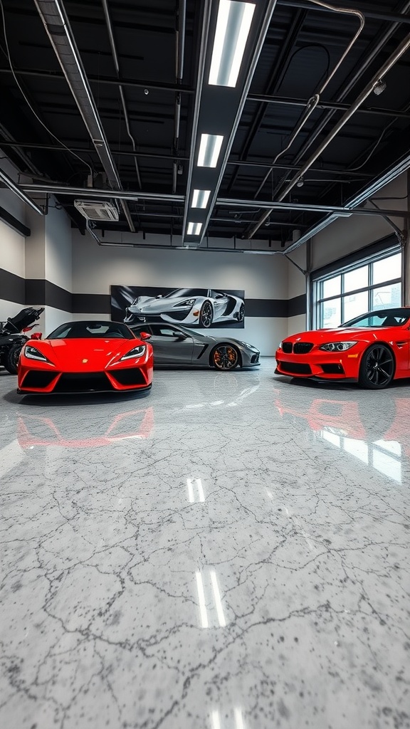 Luxury garage with cars and glossy epoxy flooring