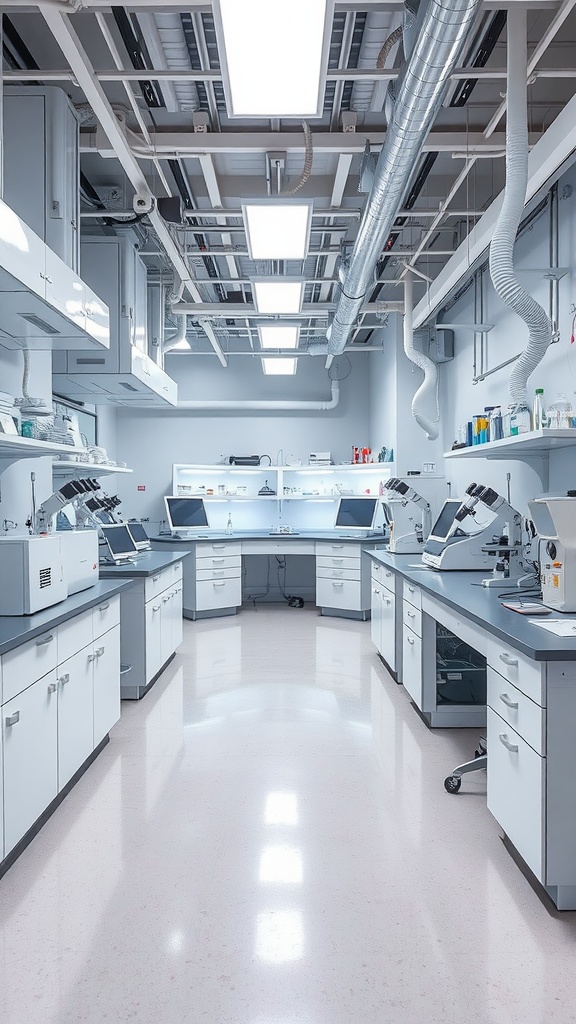 A modern laboratory with advanced equipment, organized workstations, and a shiny epoxy floor.