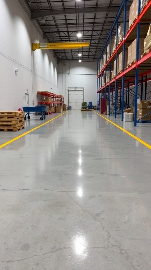 A spacious industrial area featuring a glossy epoxy floor with intricate wood-like designs.
