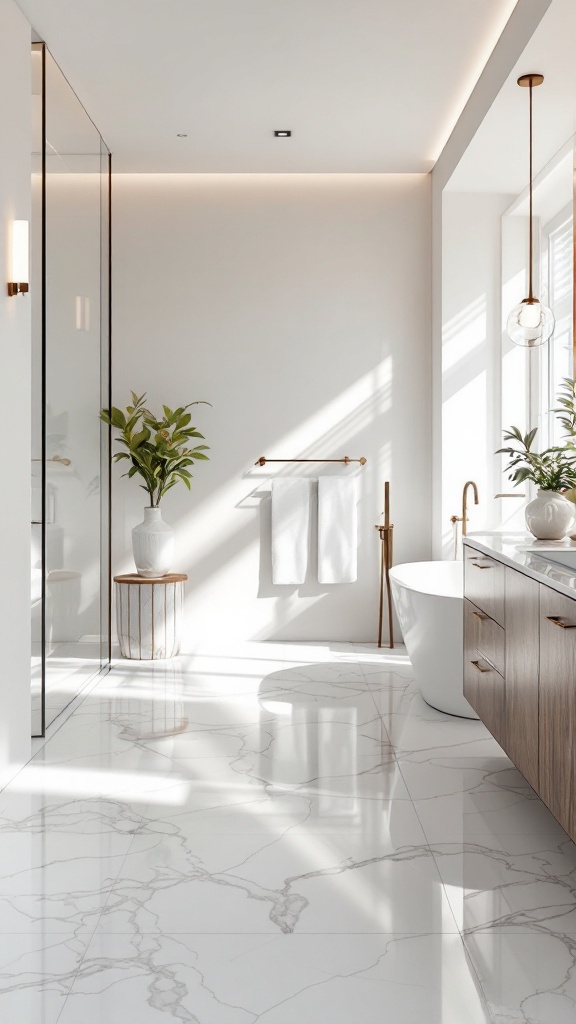 A modern bathroom showcasing a high gloss epoxy finish on the floor, with minimalistic design elements.