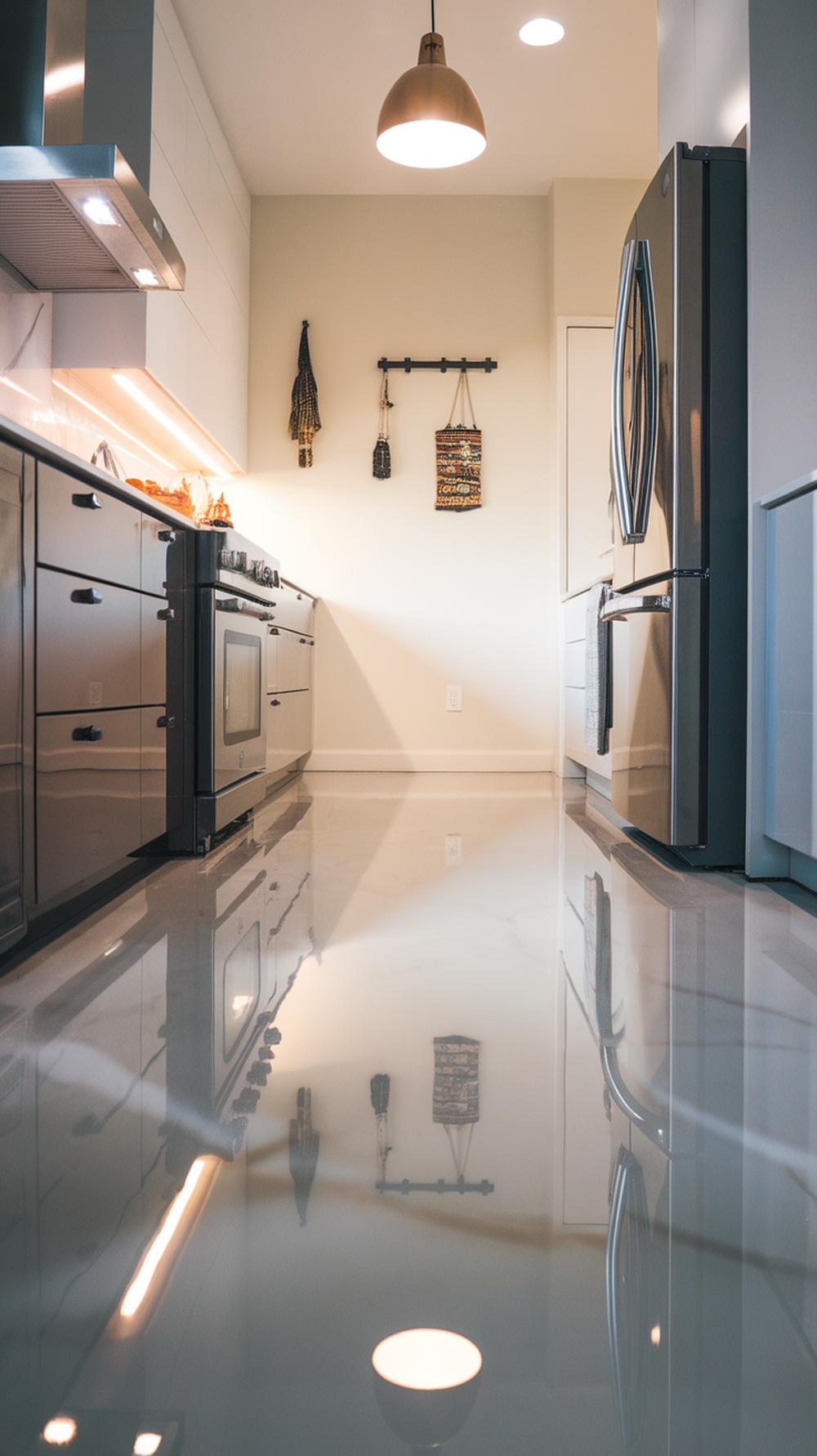 A modern kitchen with high gloss epoxy flooring reflecting light.