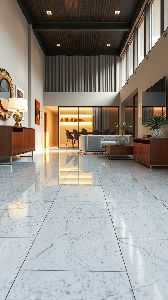 A modern living room showcasing a stunning high gloss epoxy floor with blue patterns, reflecting light and enhancing the space.