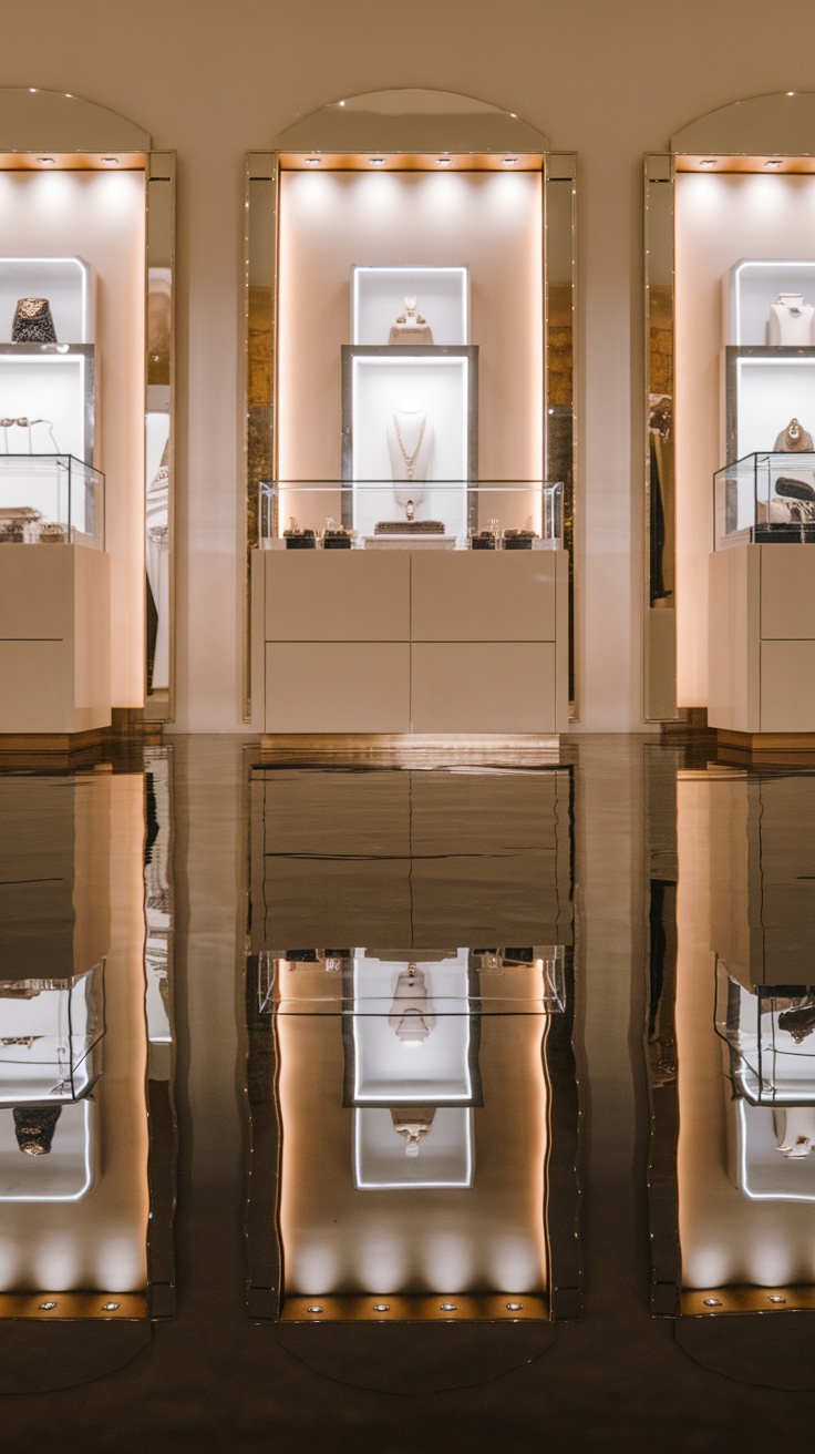 High gloss stained concrete floor in a jewelry store reflecting the display cases