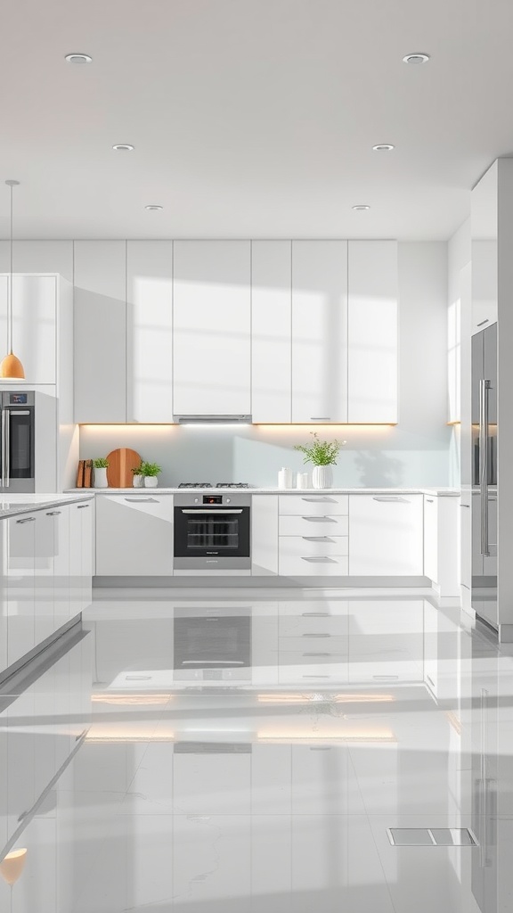 Modern kitchen with high gloss epoxy floor, featuring white cabinets and sleek design.