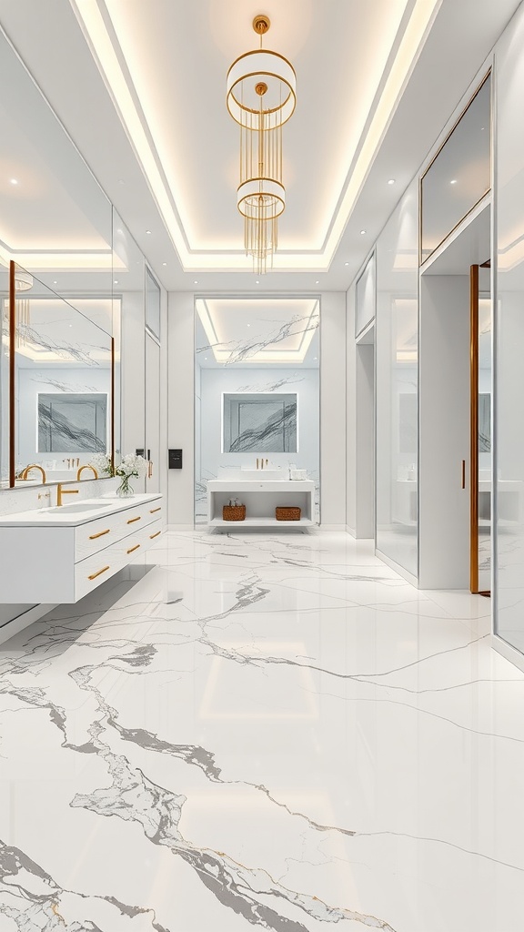 Elegant bathroom with high gloss marble epoxy flooring, featuring modern fixtures and lighting.