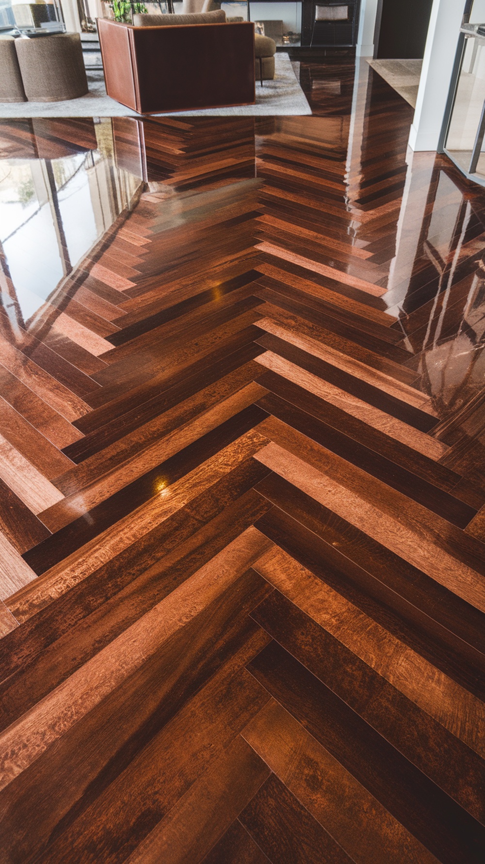 High gloss herringbone patterned epoxy floor with a polished finish.