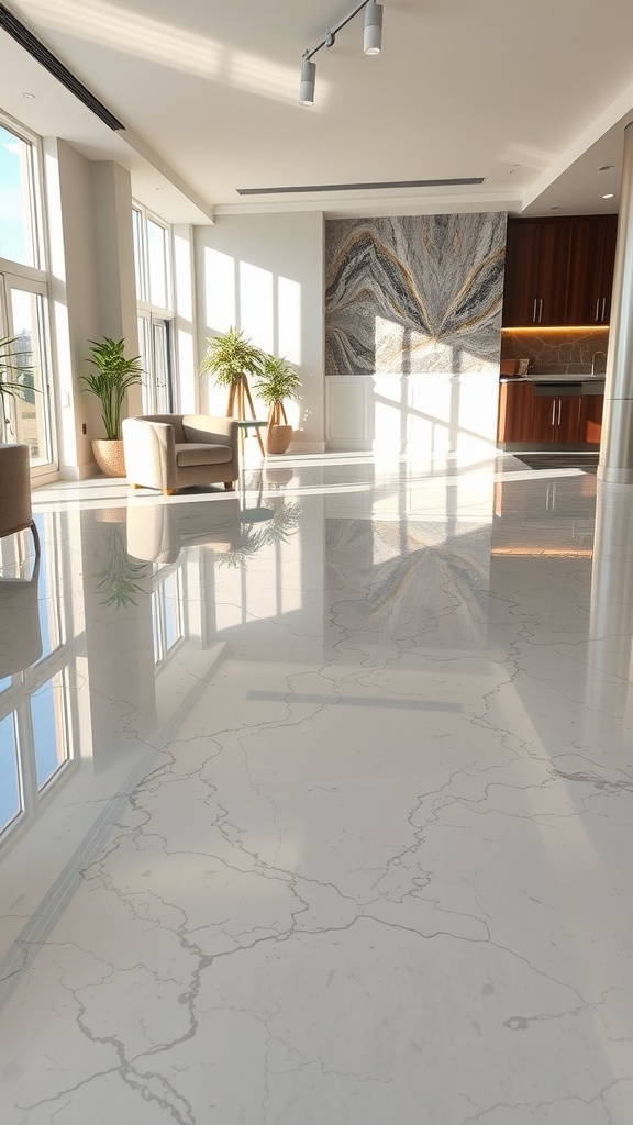 Bright, high gloss epoxy floor reflecting light in a modern space