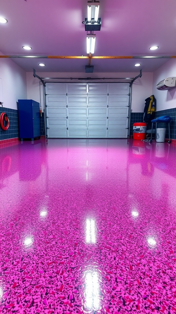 A brightly colored pink epoxy garage floor with a high gloss finish, showcasing the modern and durable aspect of garage flooring trends for 2025.