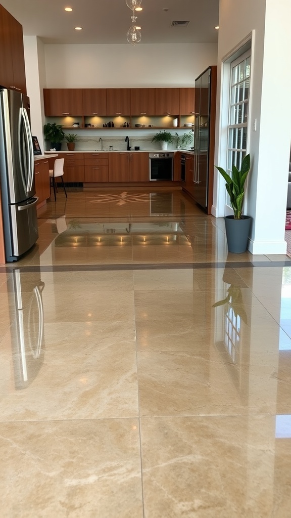 A modern kitchen with high gloss epoxy floors reflecting light and enhancing the space.