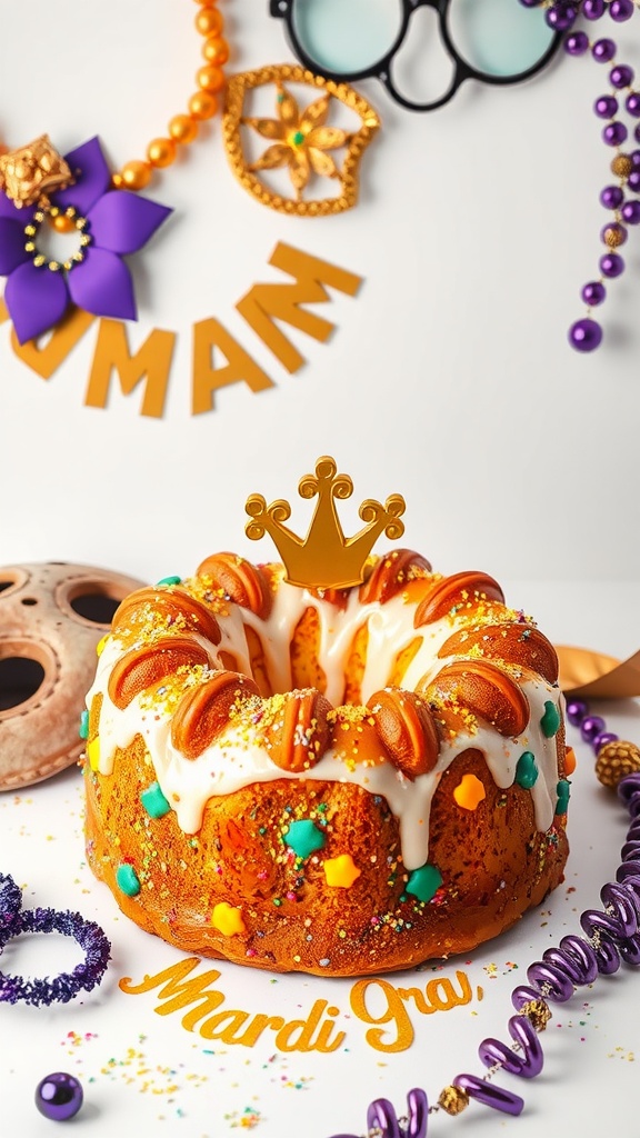 A decorated King Cake with colorful icing and festive decorations.