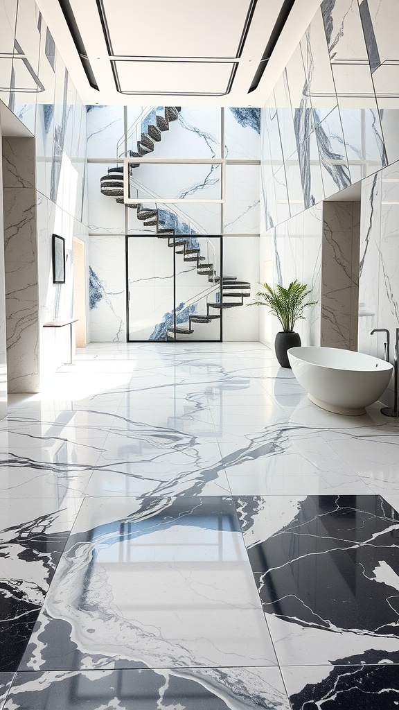 A modern interior showcasing heated marble floors with elegant design elements