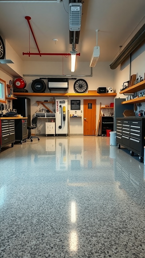 A clean, organized garage workshop with polished epoxy flooring and various tools and shelves.