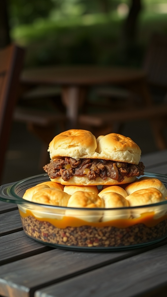 A delicious Hobo Casserole with ground beef and layered biscuits served warm.