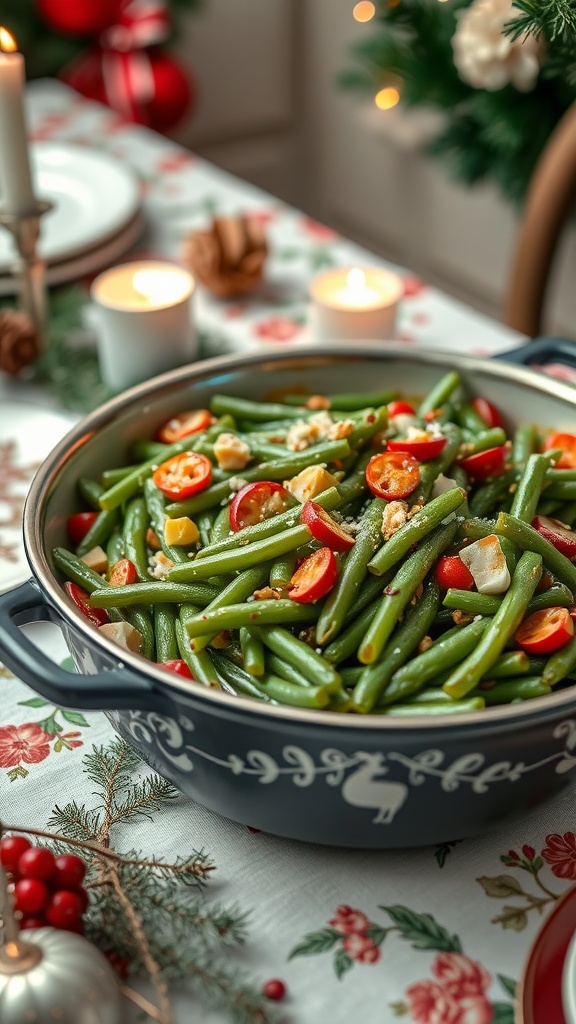A festive green bean casserole with cherry tomatoes and topped with crispy onions.